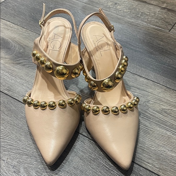 Agl Shoes - AGL Women's Beige and Gold Studded Heels